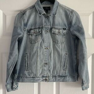 Lucky Brand classic denim jean distressed jacket embroidered back size M